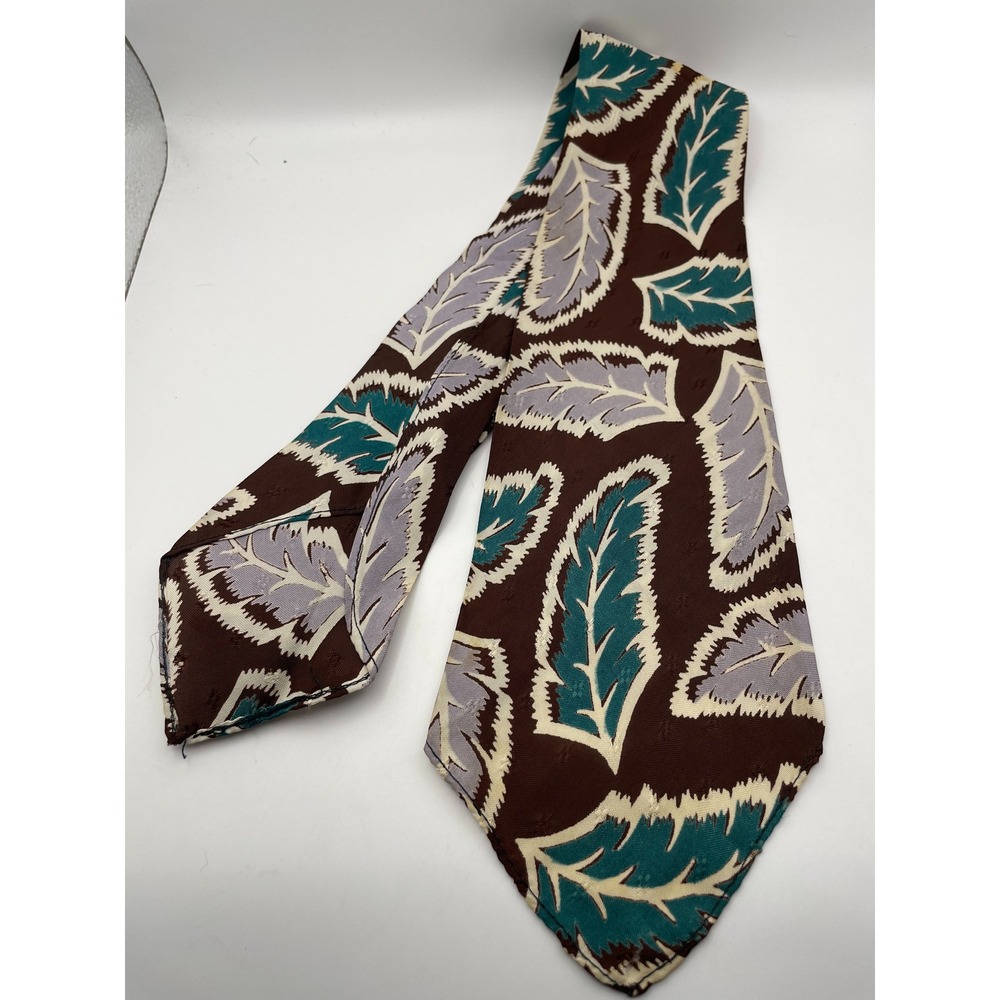 Vintage Brown Teal Lavender Leaf Print Wide Blade Necktie Botanical Pattern